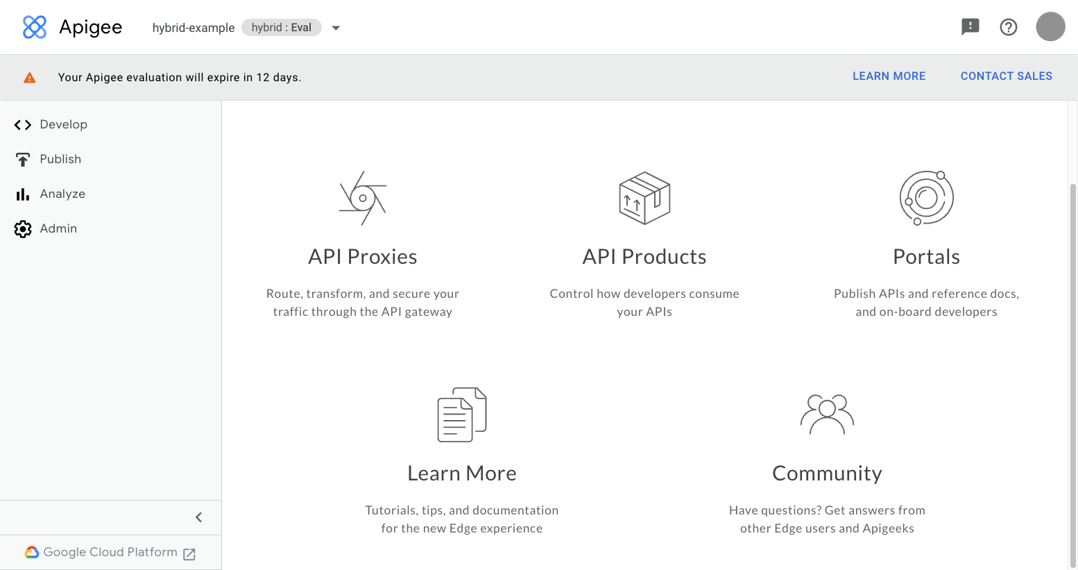Apigee 使用者介面的到達網頁，包含左側導覽列和大型圖片 (即連結)。