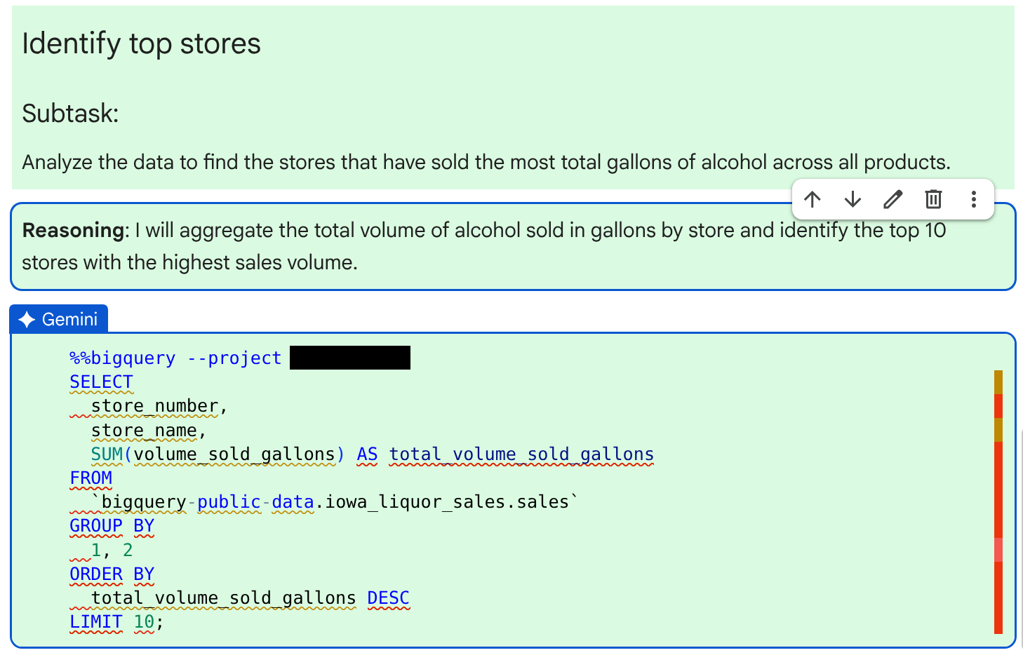 The SQL query generated by the agent that finds the top liquor stores by gallons sold.