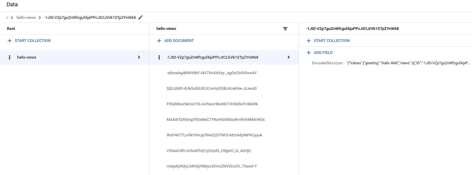  Google Cloud 控制台中的 Firestore 工作階段。
