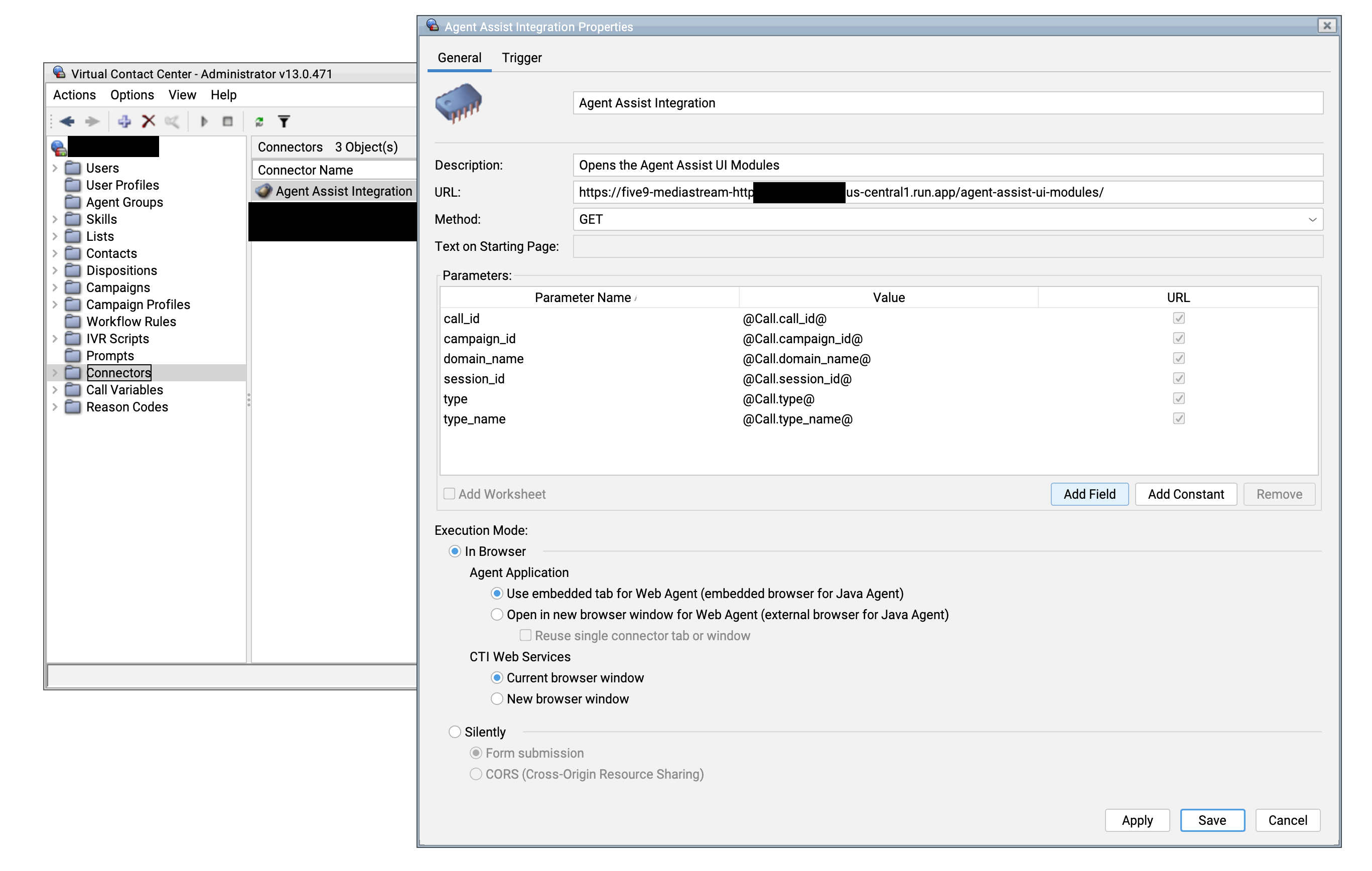 Example configuration for the classic connector to support UI Modules in Agent Desktop Plus