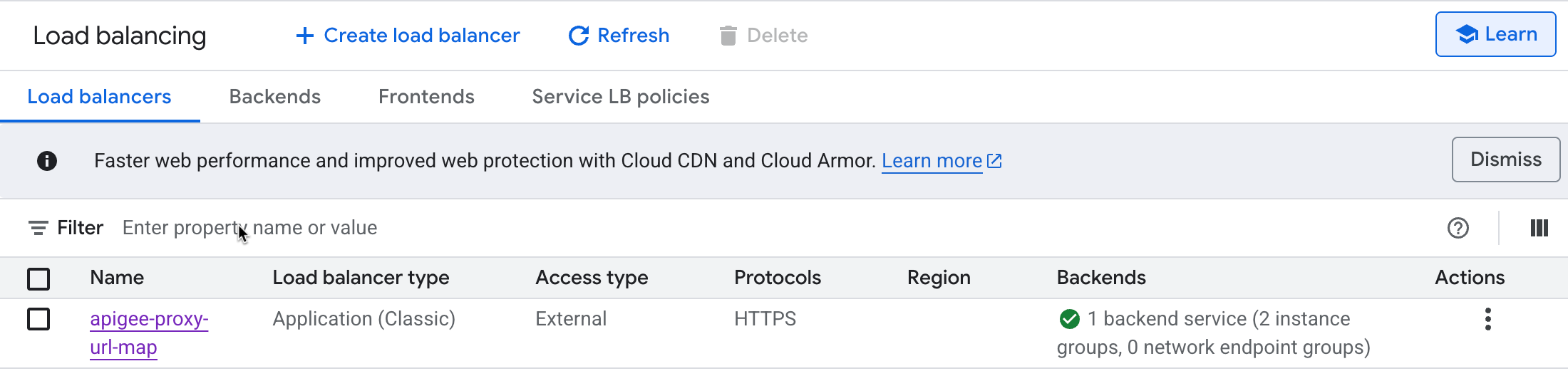 Google Cloud Platform 中的“负载均衡”页面