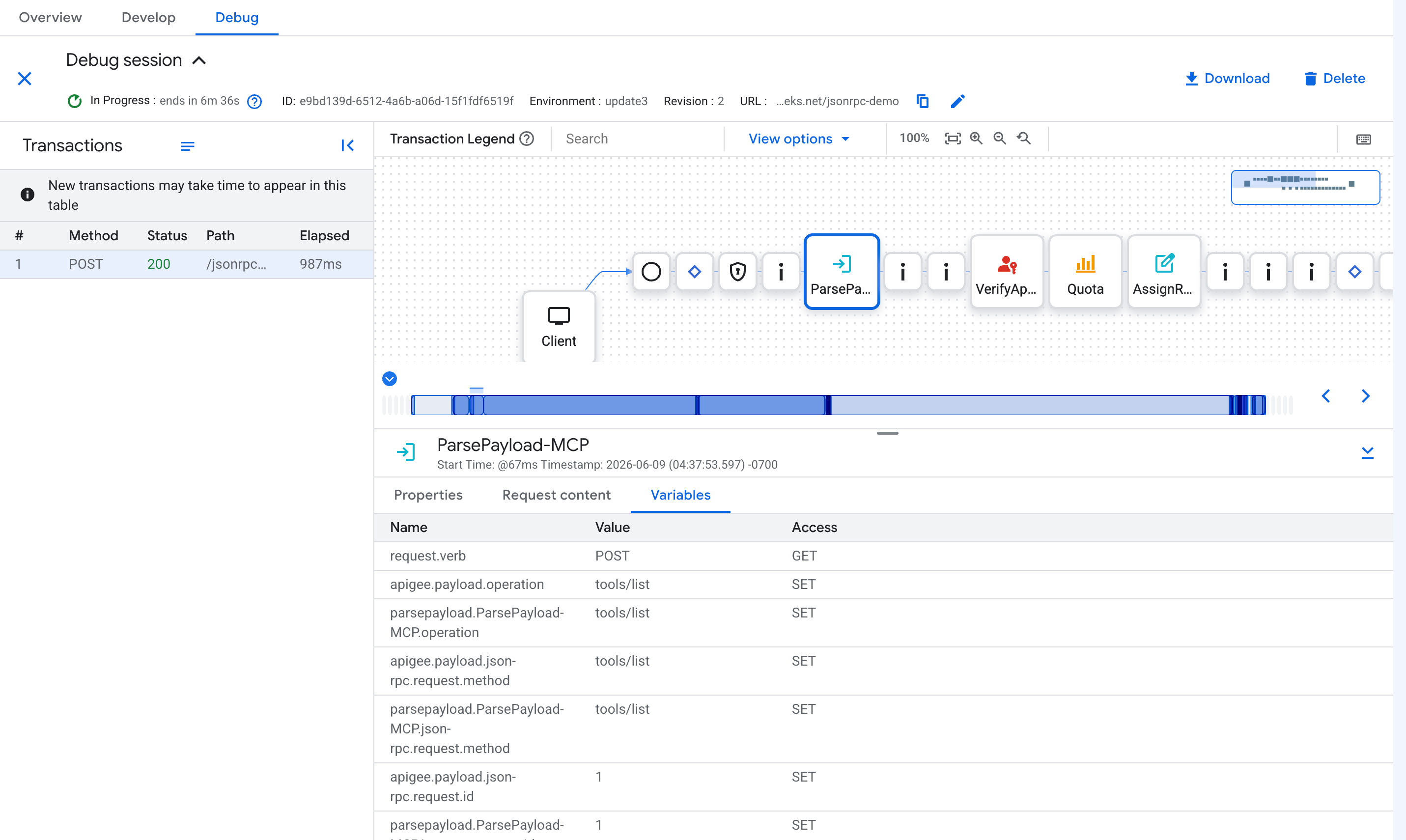 偵錯工作階段顯示 ParsePayload-MCP 步驟，以及設為 tools/list 的 parsepayload.ParsePayload-MCP.operation 等流程變數。