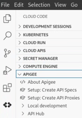Cloud Code 中的 Apigee，活動列中顯示圖示