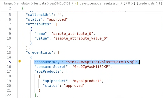 Developer apps with the consumerKey value highlighted.