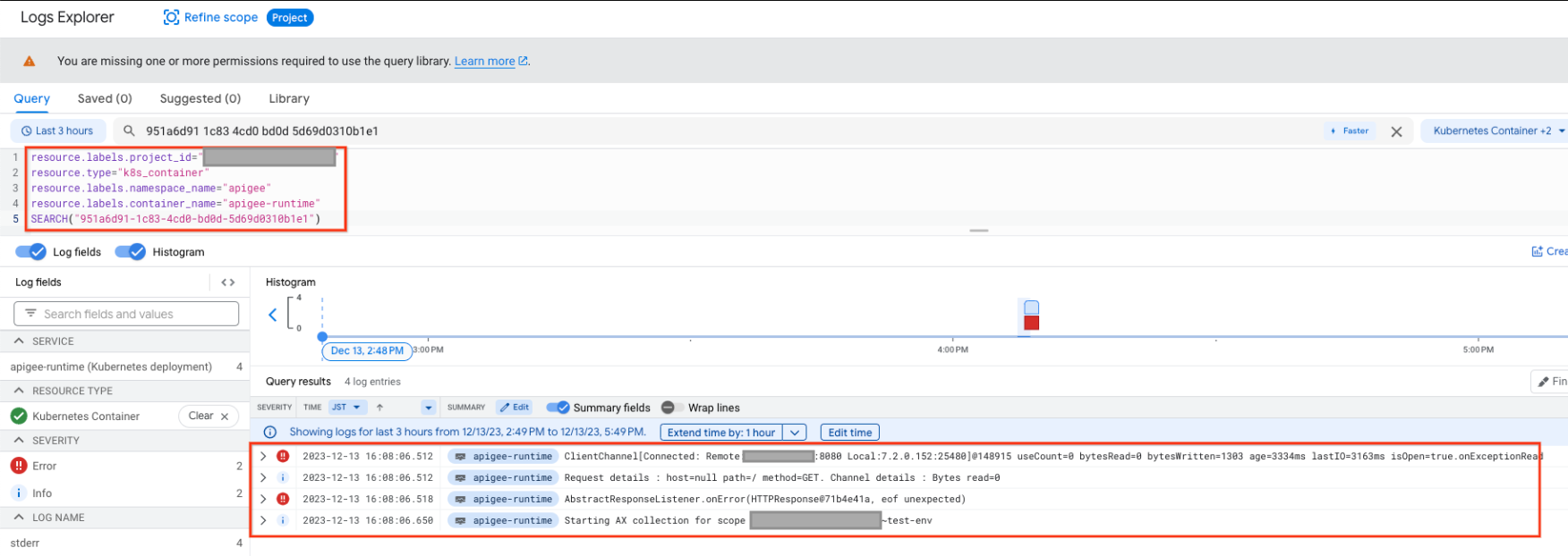 Logs Explorer showing EOF Exception