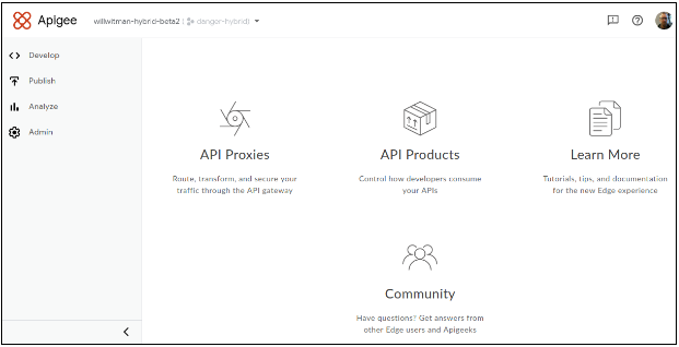 Apigee Hybrid 界面中的着陆页,包含左侧导航栏和大链接/图片