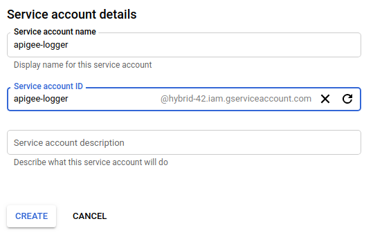 apigee-logger@hybrid-42 的 ID 範例。iam.gserviceaccount.com