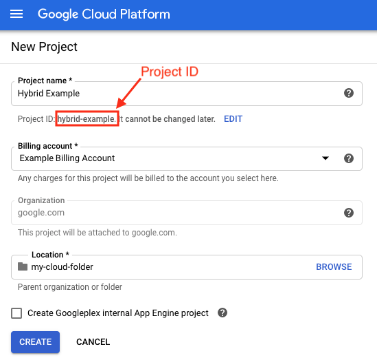 Google Cloud 新專案，專案 ID 名稱已醒目顯示。