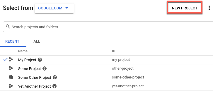 Google Cloud 專案選取器，其中醒目顯示了新專案選項。