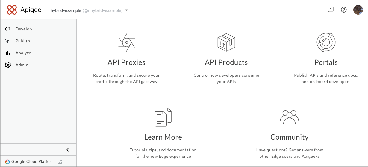 Apigee Hybrid 使用者介面的到達網頁，包含左側導覽列和大型圖片連結。