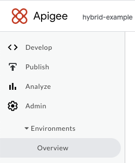Apigee 使用者介面選單，顯示展開的「管理」、「環境」和「總覽」