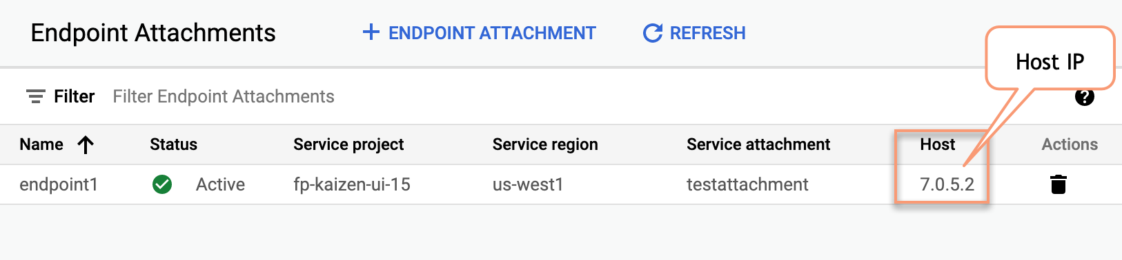 服務連結的主機 IP 會顯示在端點連結 UI 中