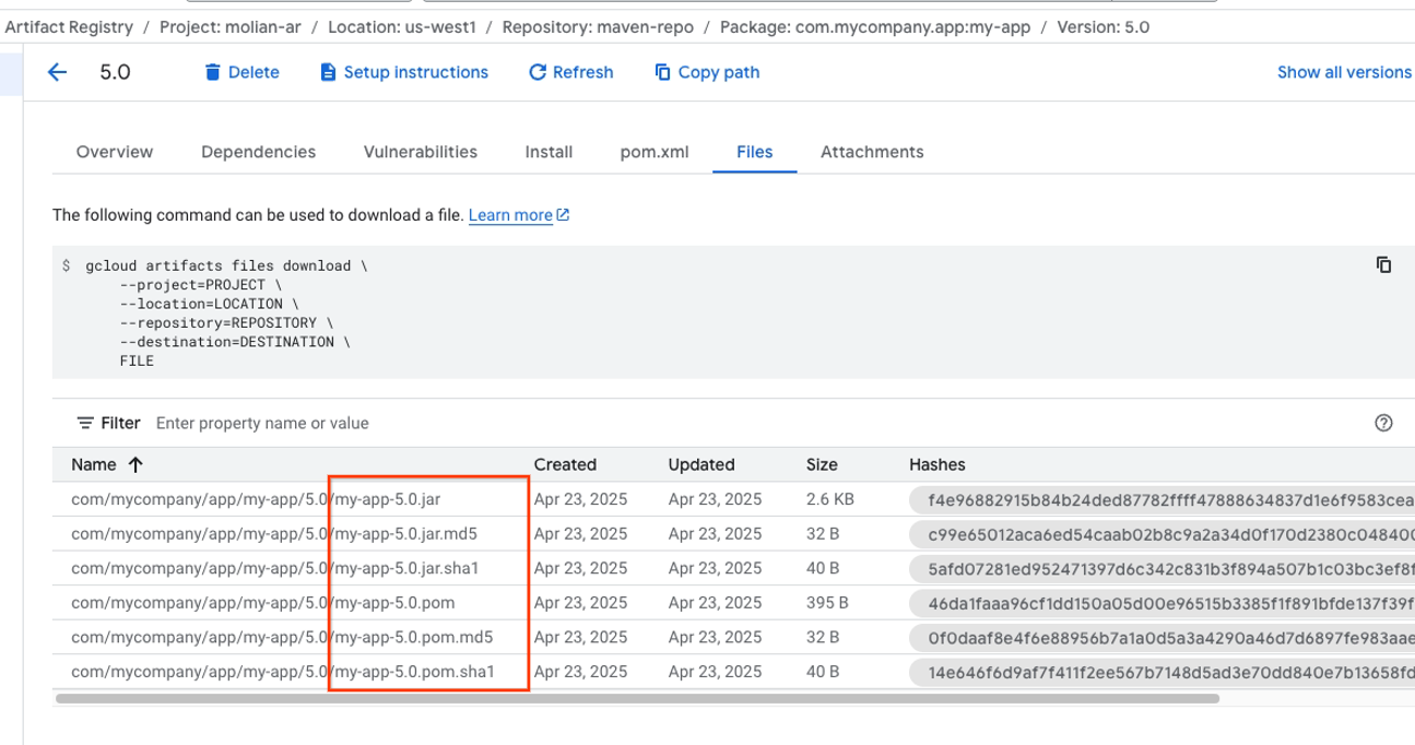 Maven 套件 5.0 版的「檔案」分頁範例。