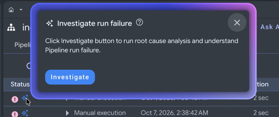 Data pipeline interface with a failed execution run highlighted and the Investigate button in the Executions tab.