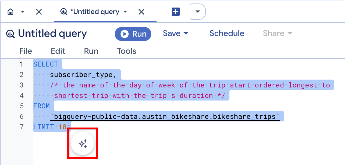 在 BigQuery 查詢編輯器中，已醒目顯示所選文字附近的 Gemini 圖示。