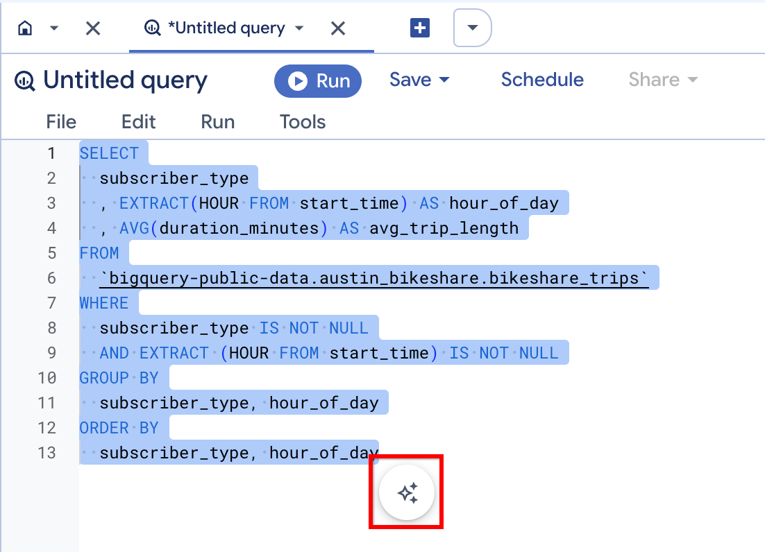 BigQuery 查詢編輯器中醒目顯示的「說明這項查詢」圖示和文字。
