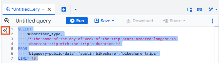 Gemini icon highlighted in margin of BigQuery query editor and the full SQL statement selected.