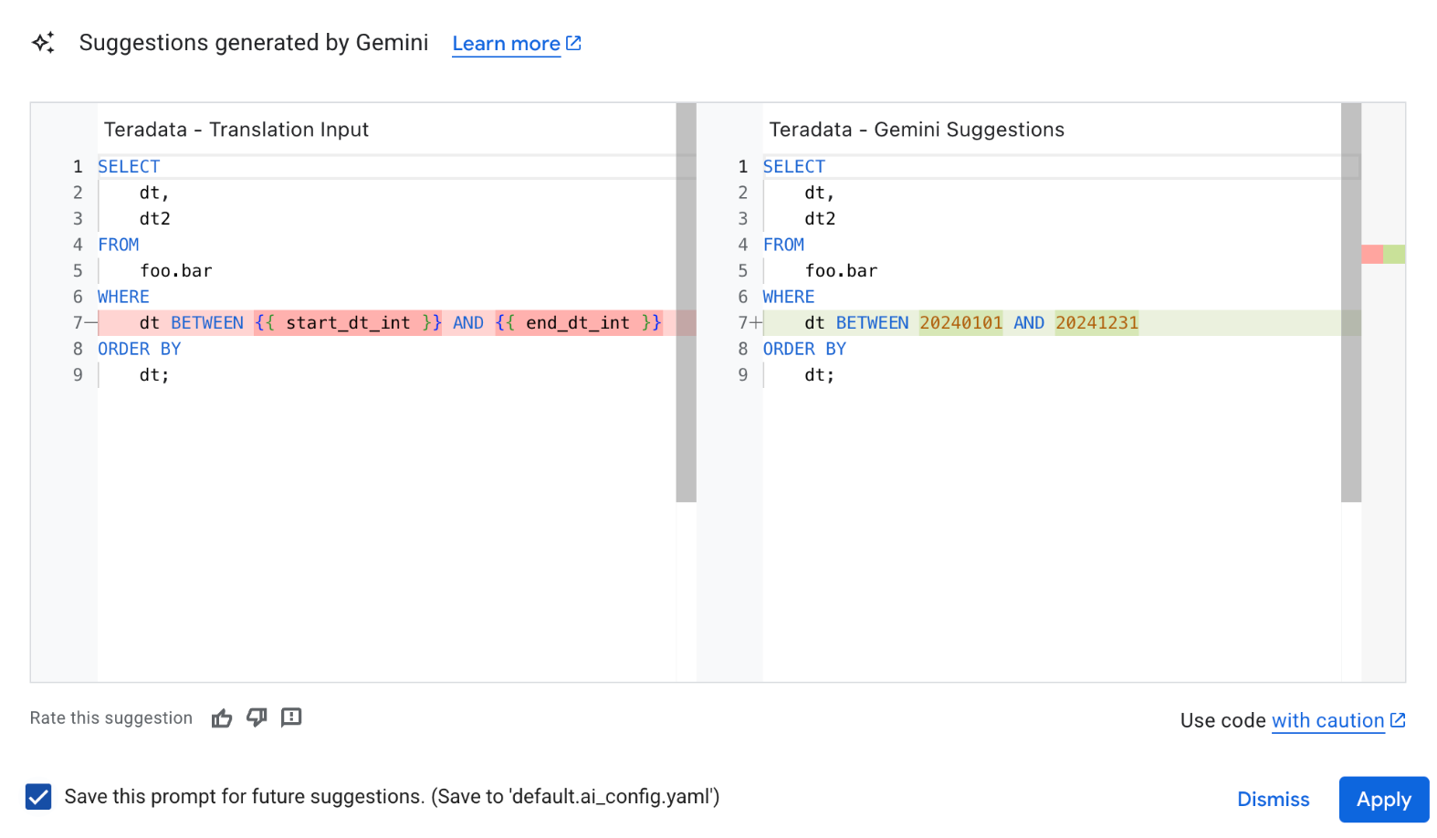 Apply changes from Gemini-based configuration YAML file