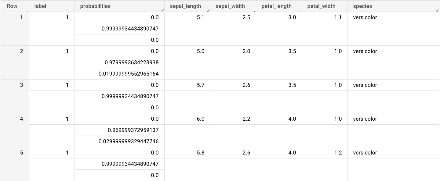 ML.PREDICT 查詢的輸出內容
