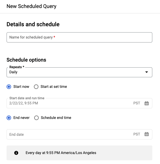 「New scheduled query」(新增排定的查詢) 窗格。