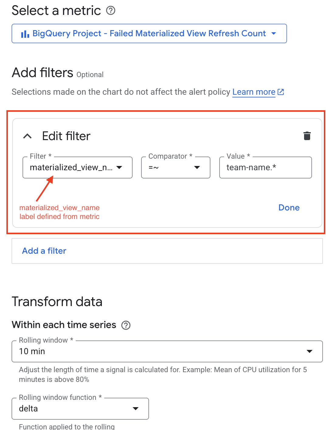 螢幕截圖：顯示新增指標介面，並選取 materialized view 篩選器