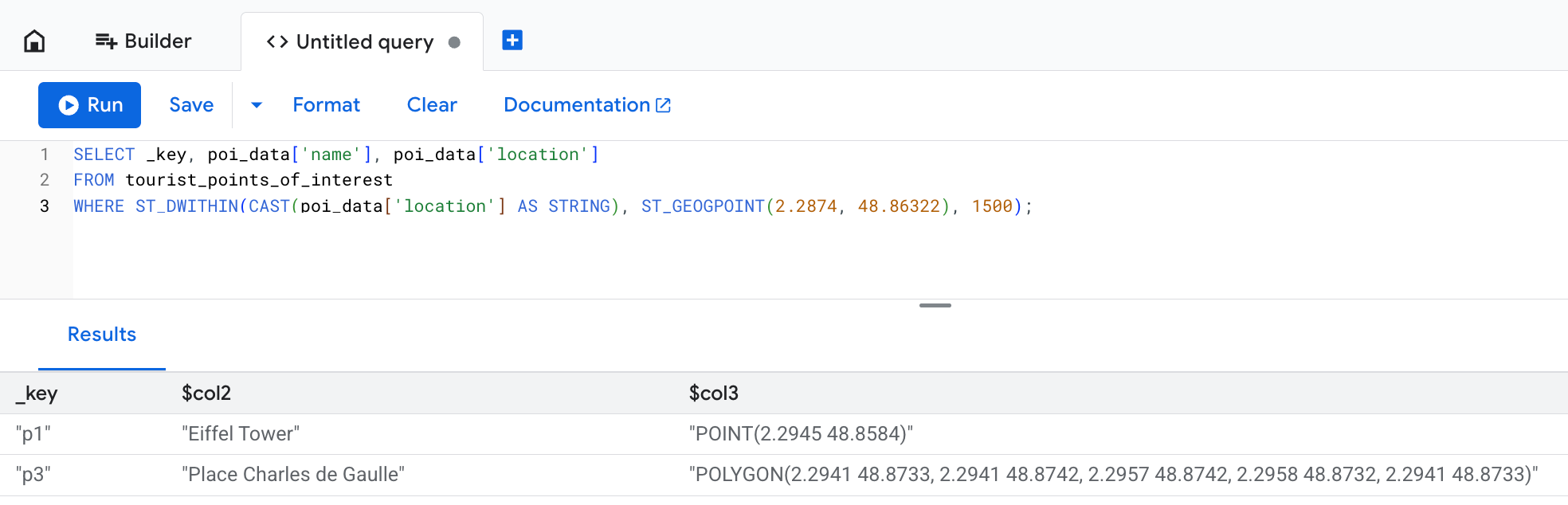 Screenshot showing the tourist_points_of_interest table in Bigtable Studio
with query results filtered with the ST_DWITHIN geography function.