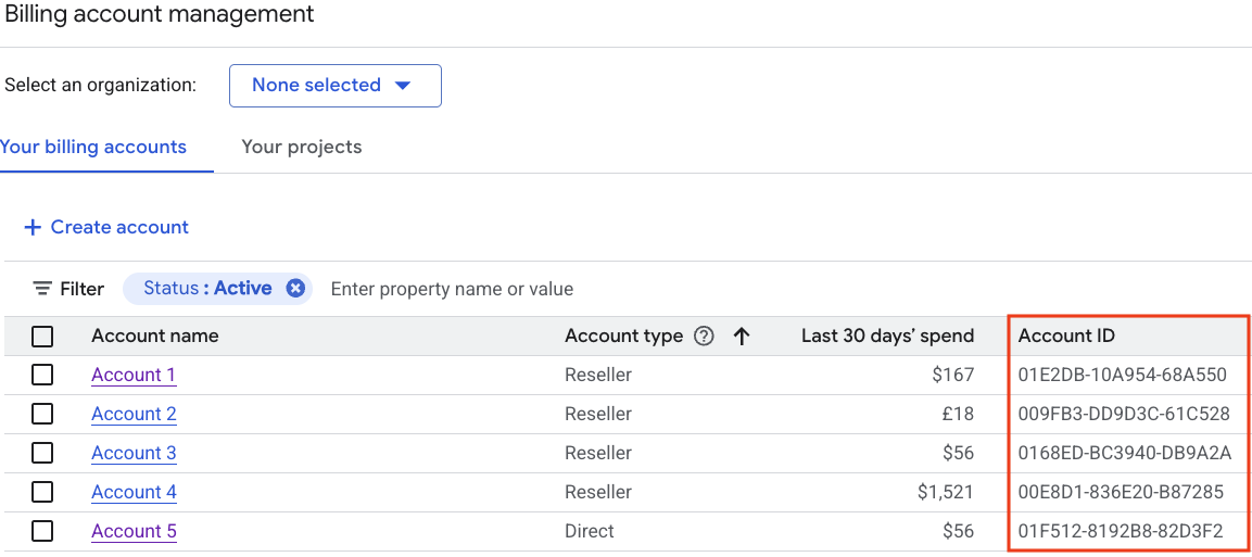 Screenshot of the Manage billing page showing the location of your billing account ID.