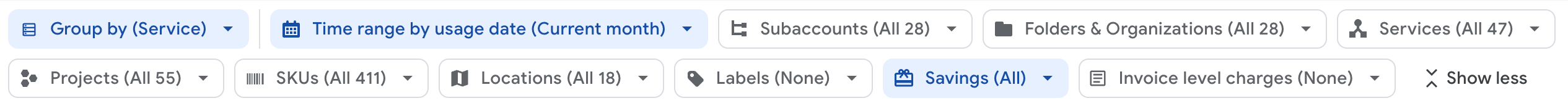 Various filter selectors in the filter tiles.