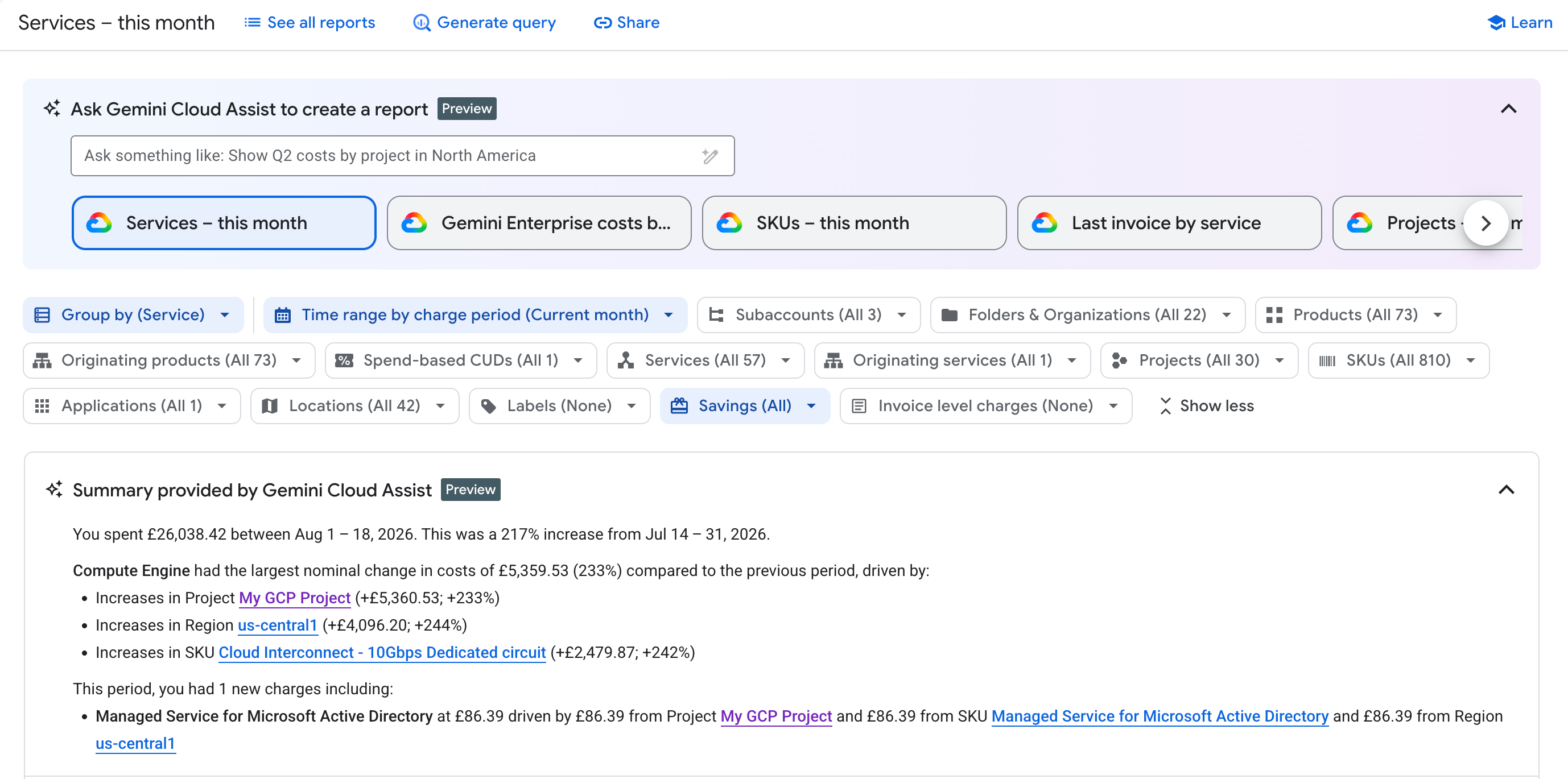 已启用 Cloud Billing 中的 Gemini Cloud Assist 功能,可以在结算报告中使用这些功能。