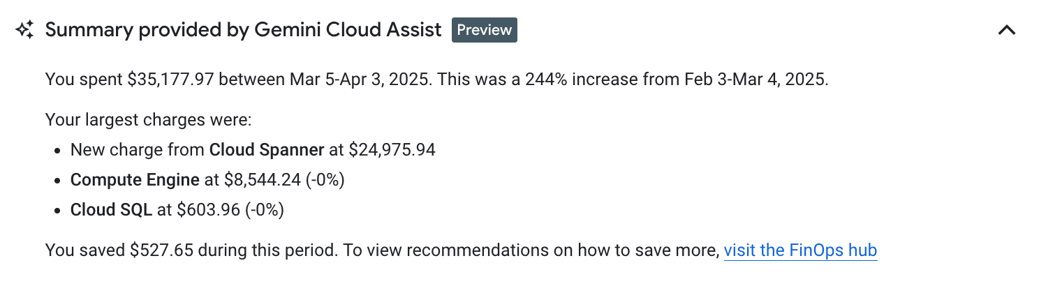 Example of a report summary provided by Gemini Cloud Assist.