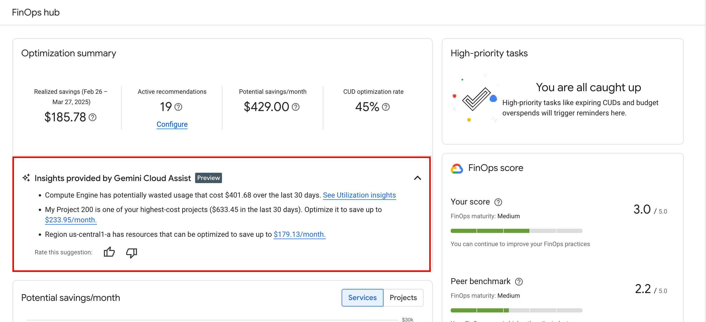 已启用 Cloud Billing 中的 Gemini Cloud Assist 功能,可以在 FinOps 中心使用这些功能。