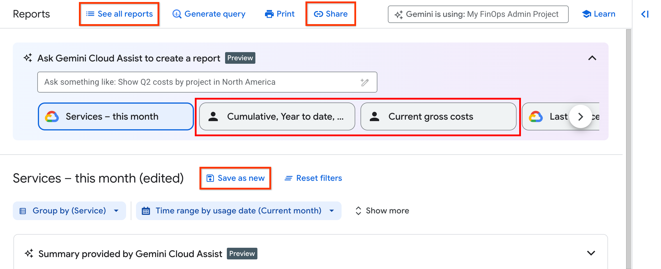 Shows billing report's share and saved reports options.