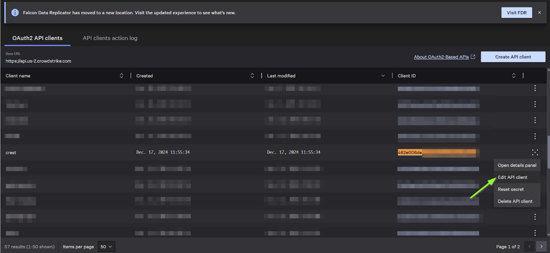 Edit API client form