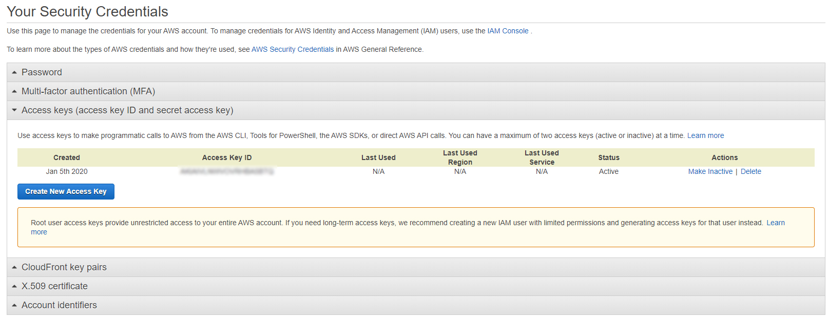 AWS“您的安全凭据”标签页