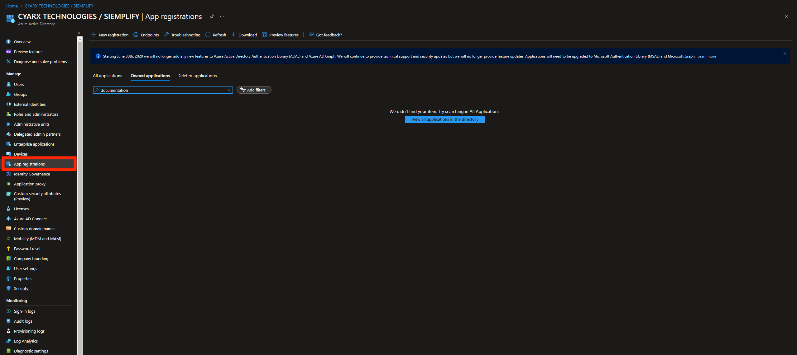 Microsoft 管理中心 - 应用注册标签页