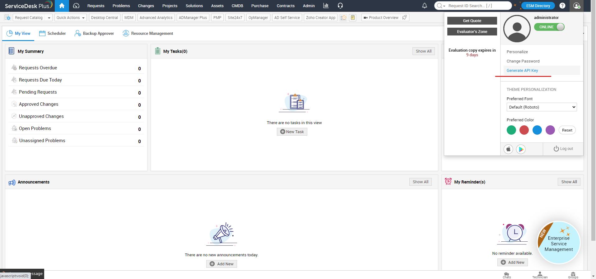 在 ServiceDesk Plus V3 控制台中生成 API 密钥