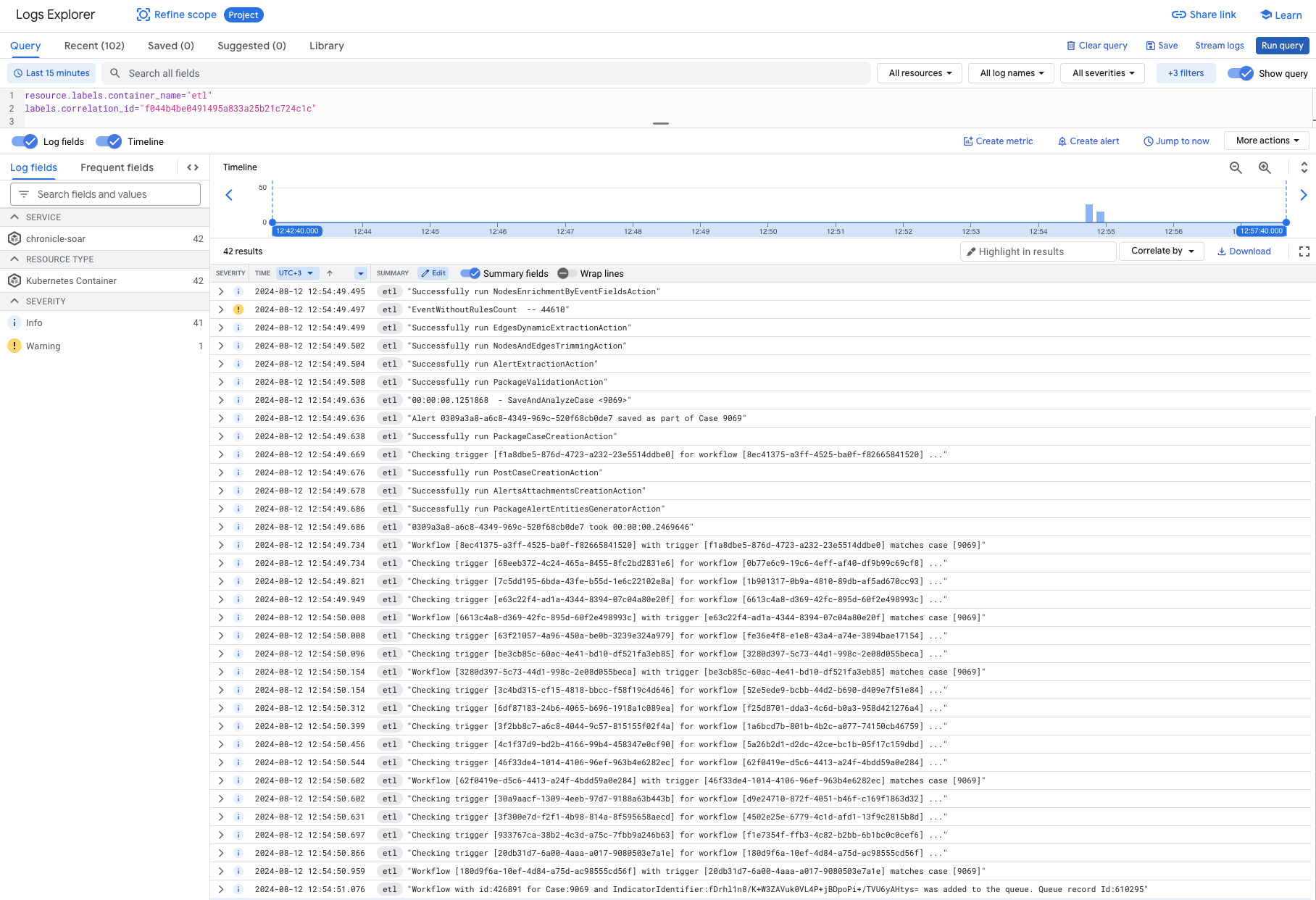 在 Logs Explorer 中，使用 correlation_id 篩選 ETL 記錄的範例。