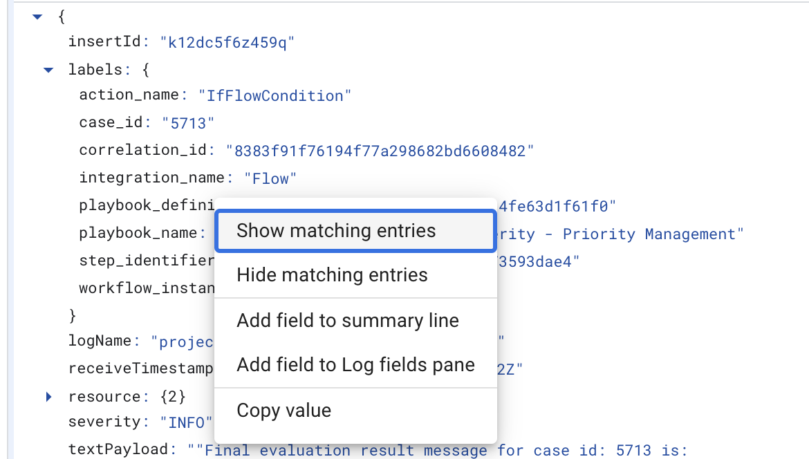 在 Logs Explorer 中右键点击标签时显示的过滤选项。
