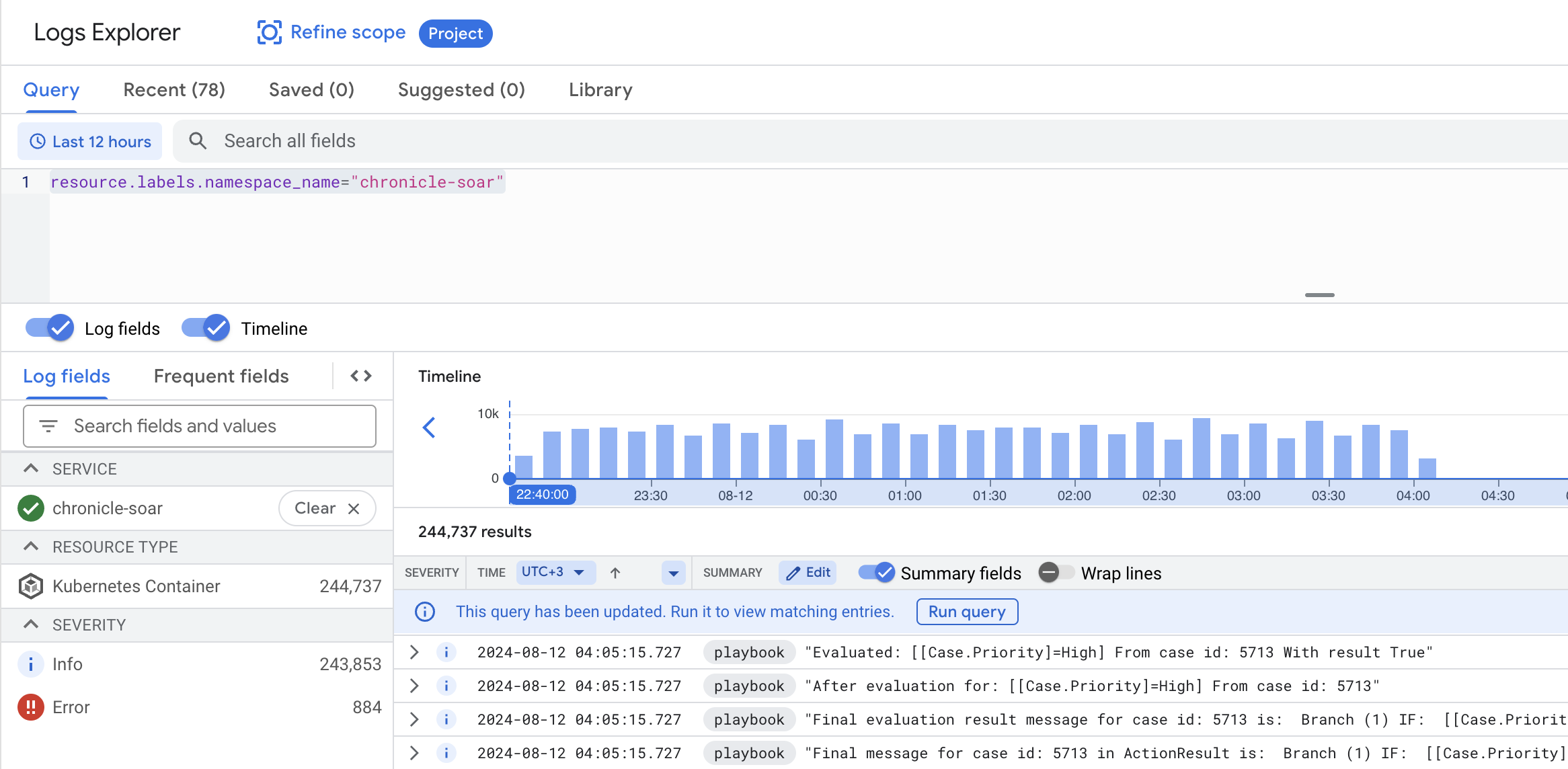 Logs Explorer 顯示 chronicle-soar 命名空間的篩選器。