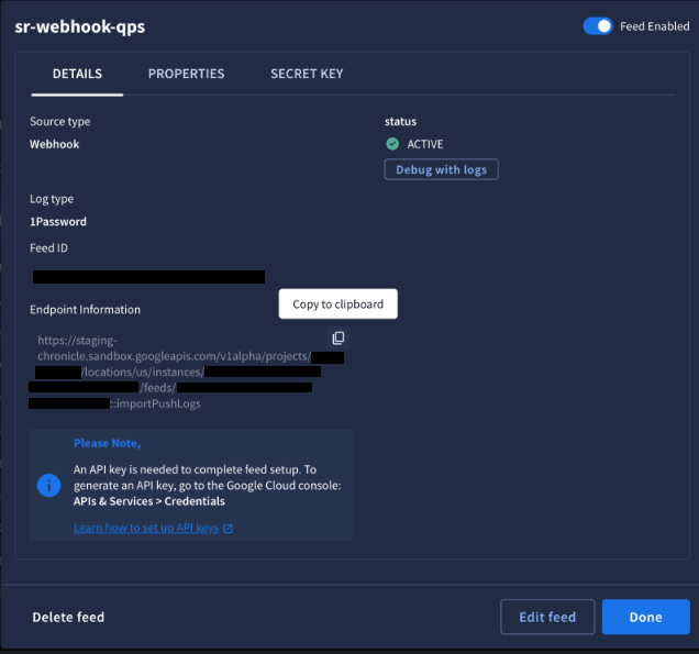 Webhook Feed 的“详细信息”标签页，其中显示了“端点信息”字段，并带有“复制到剪贴板”提示。