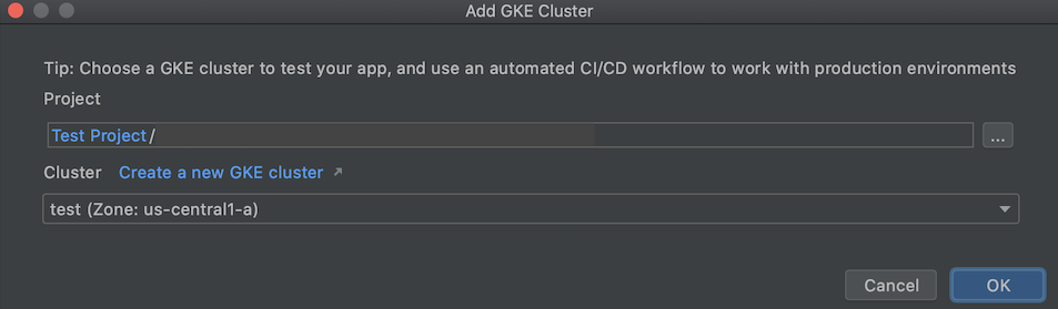 使用 Kubernetes Explorer 對話方塊新增 GKE 叢集,並填寫專案和叢集名稱的欄位