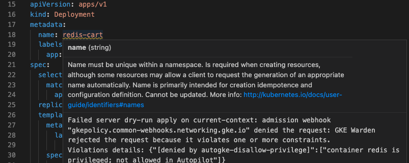 在 `hello.deployment.yaml` 上進行伺服器端試驗驗證時失敗，並以快訊形式顯示錯誤訊息。錯誤詳細資料位於「輸出」管道中；命名空間「random-namespace」不存在