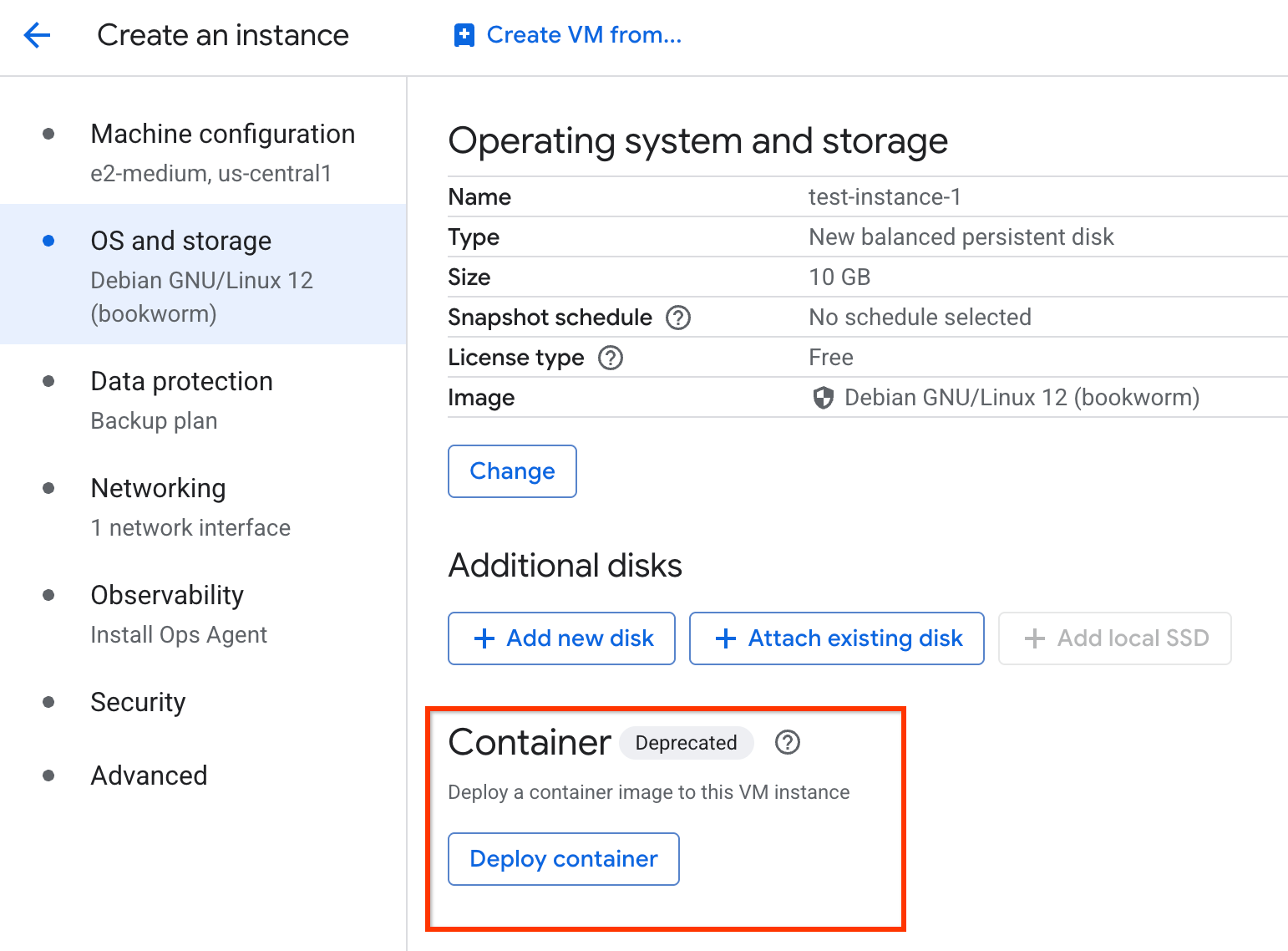 The Deploy container option.