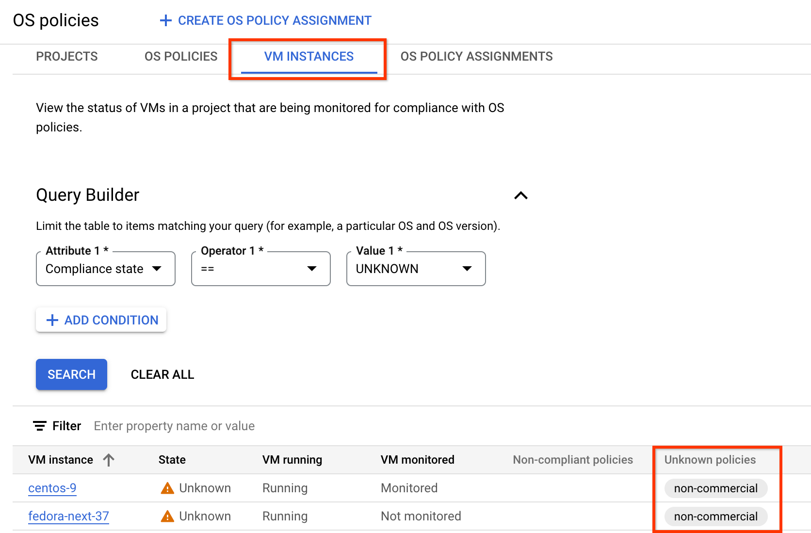 「VM 執行個體」分頁，顯示不明的 OS 政策。