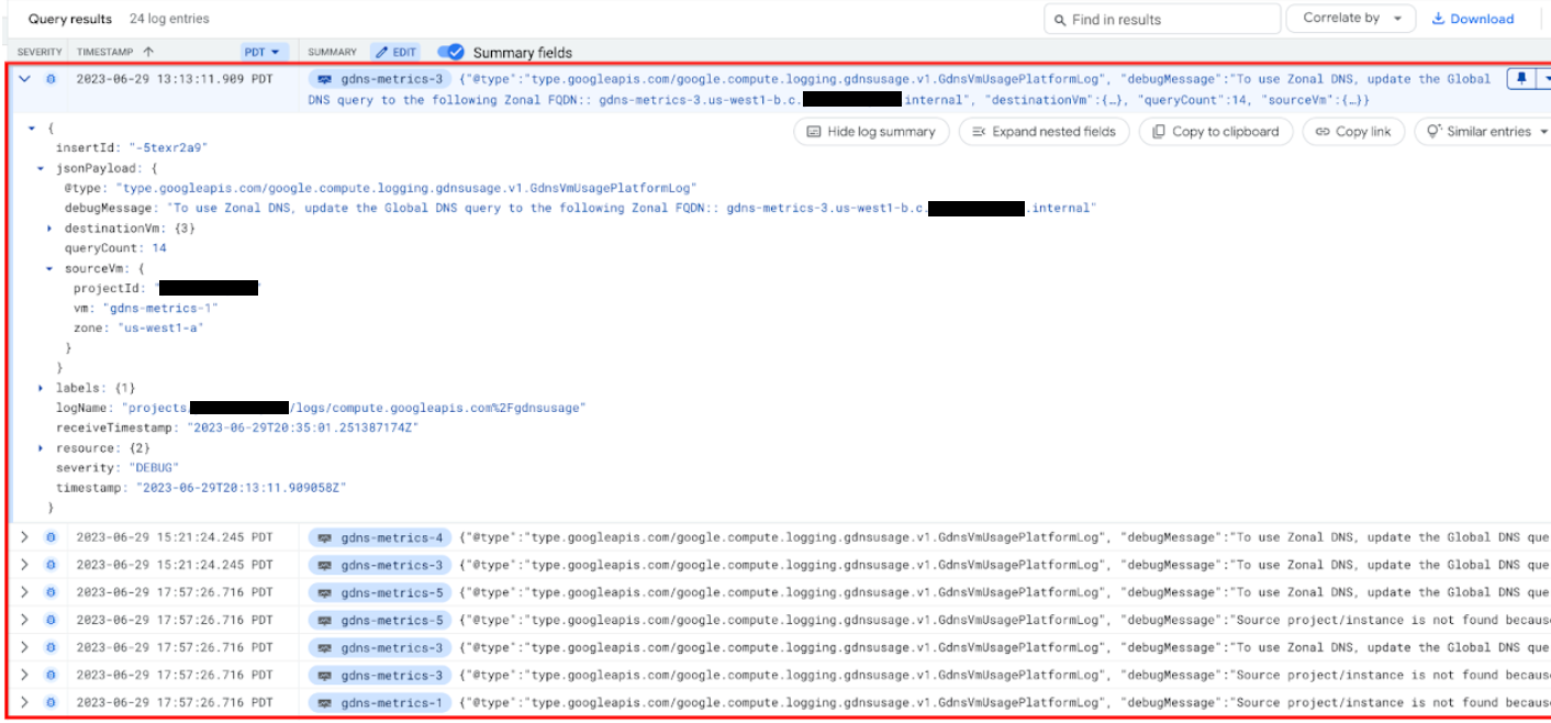 gdnsusage 日志查询结果中的 jsonPayload 的屏幕截图。