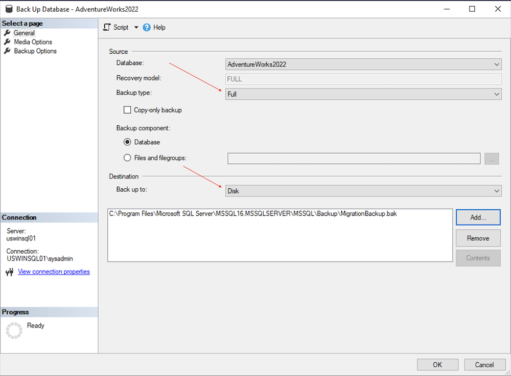 Database Backup Options.