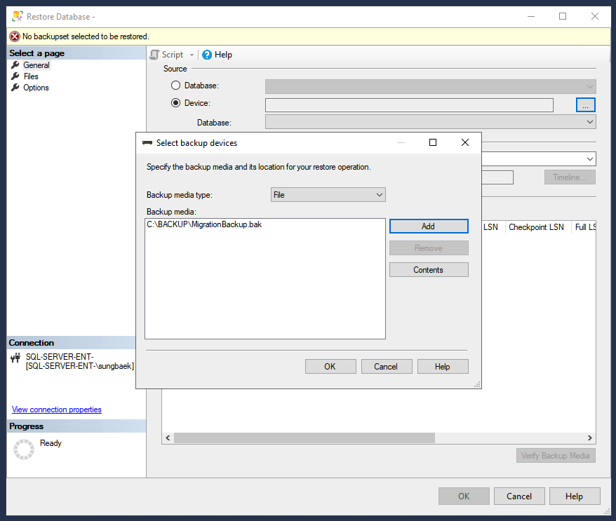 Restore Database Select Device.