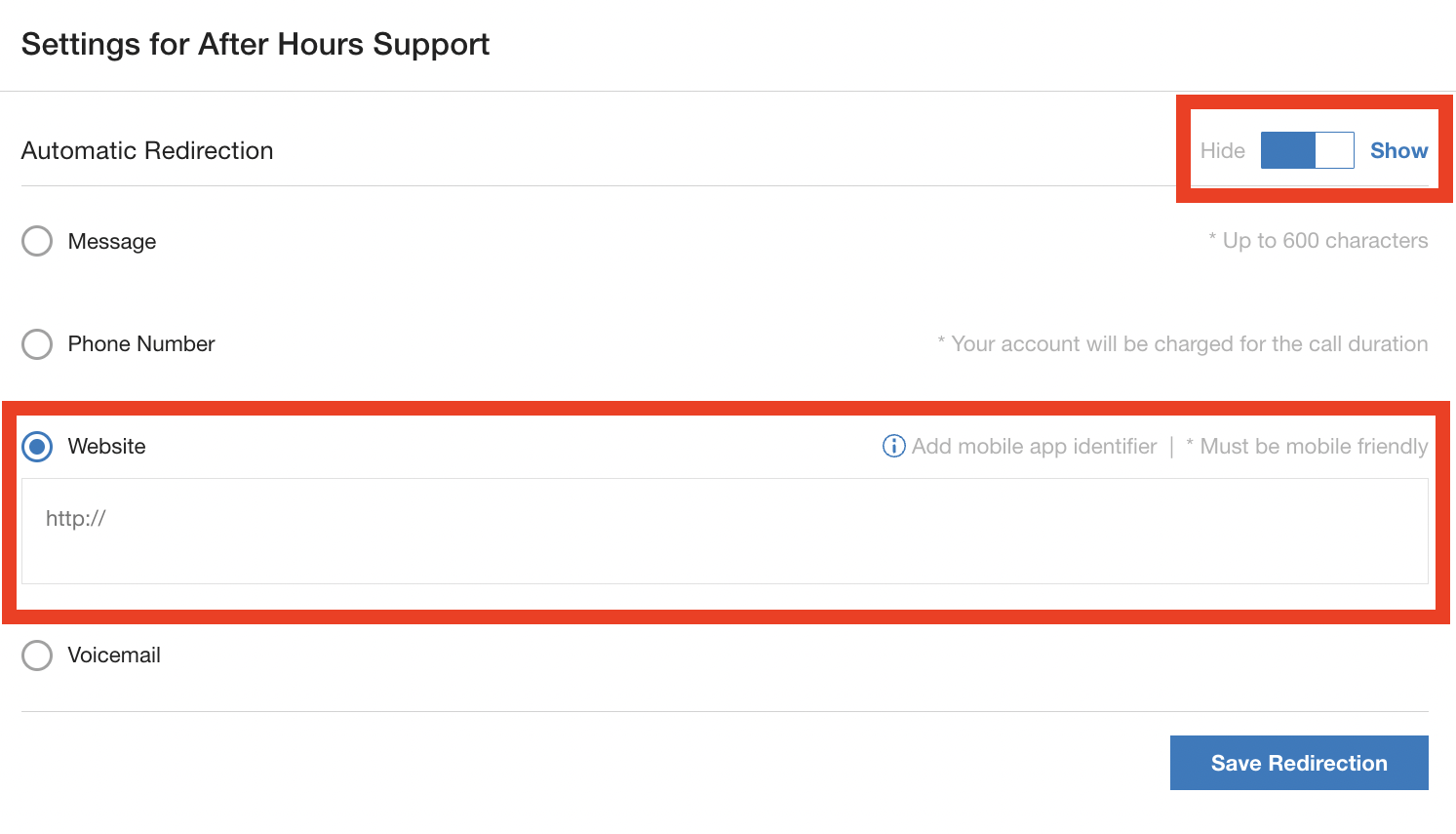 Automatic redirect settings