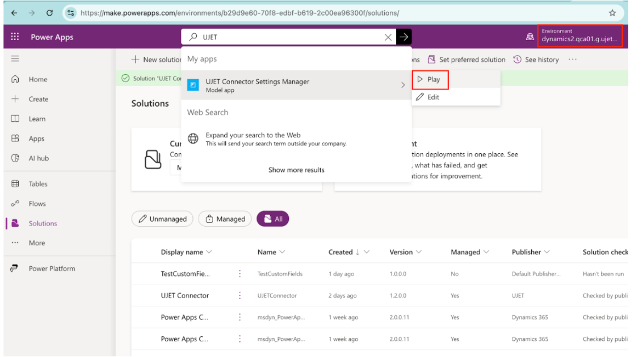 The Microsoft Dynamics interface is shown, with the UJET Connector Settings Manager shown in the toolbar.