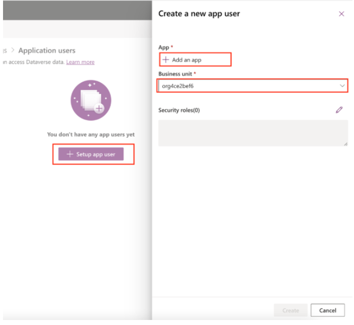 The window for setting up a new app user in Microsoft Dynamics is shown.